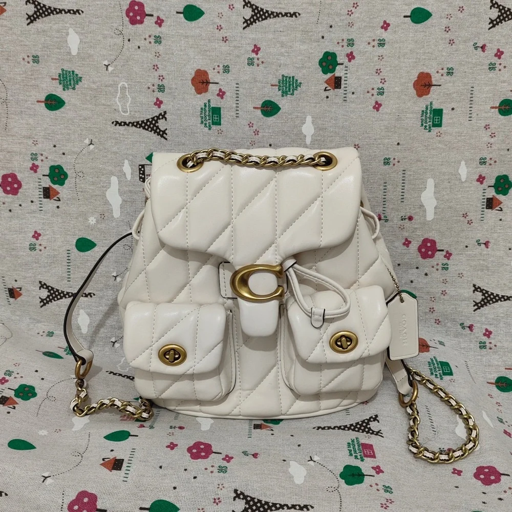 Coach Quilted Chalk Leather Drawstring Backpack with Gold Hardware